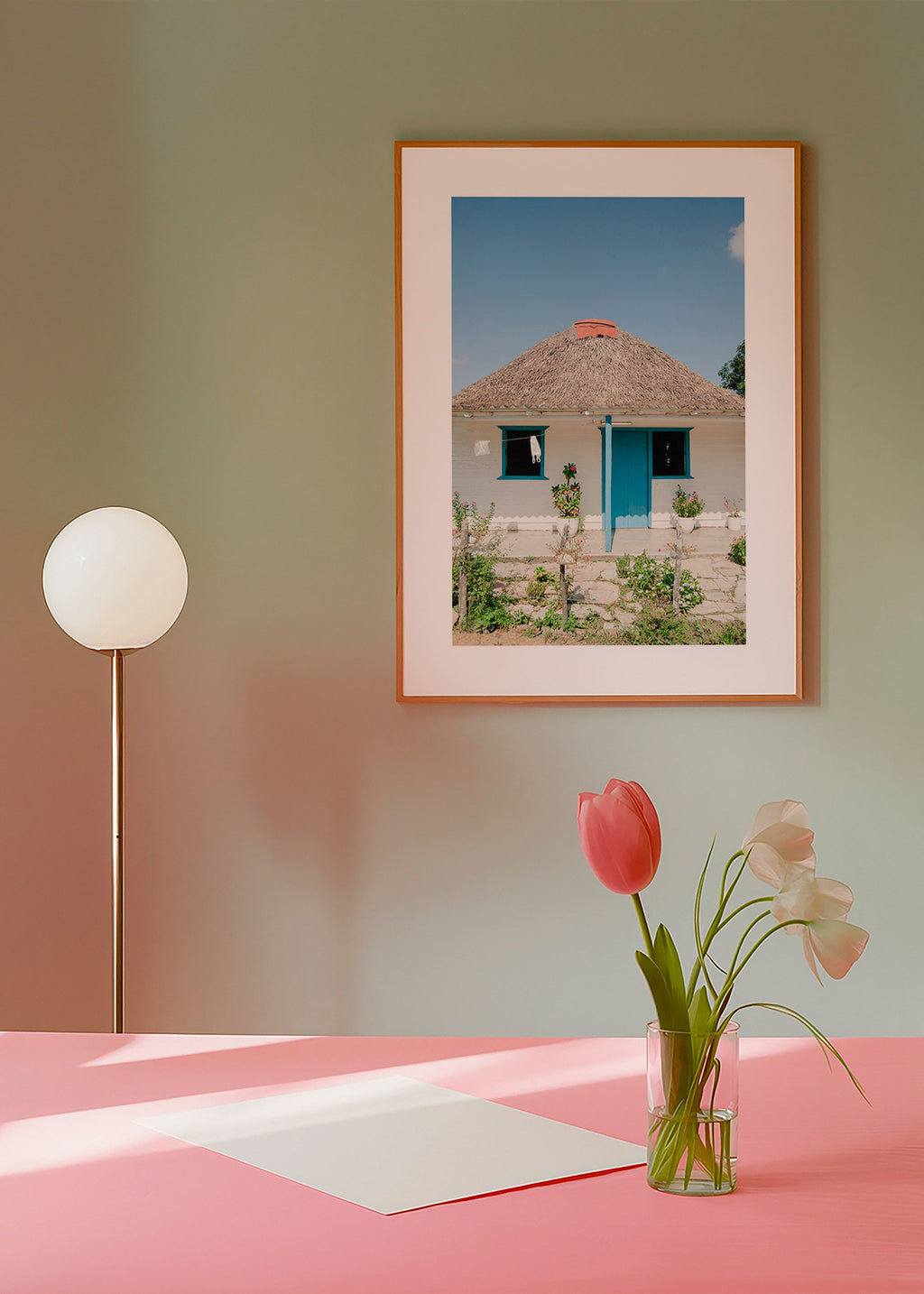 Quadro paesaggistico con casetta e porta blu