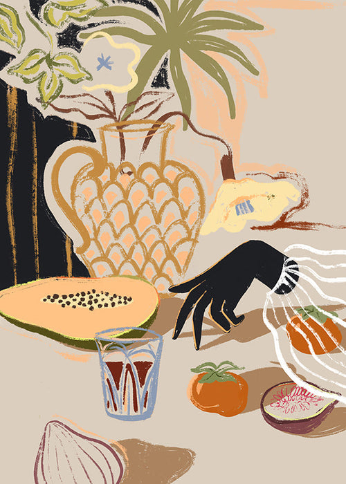 Cuadro de cocina con frutas y jarra decorativa