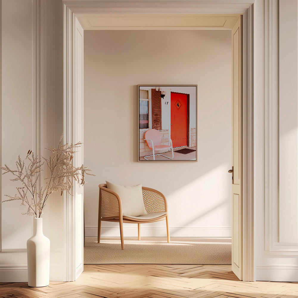 Fotografía de motel con puerta roja y silla retro – Canvas2