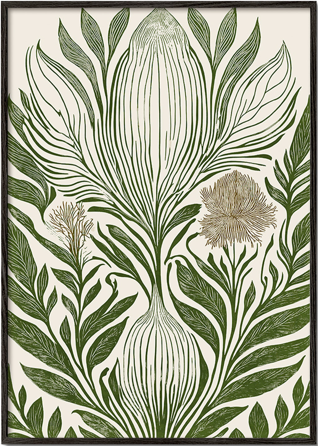 Lámina botánica con hojas verdes y trazo lineal – Black Frame