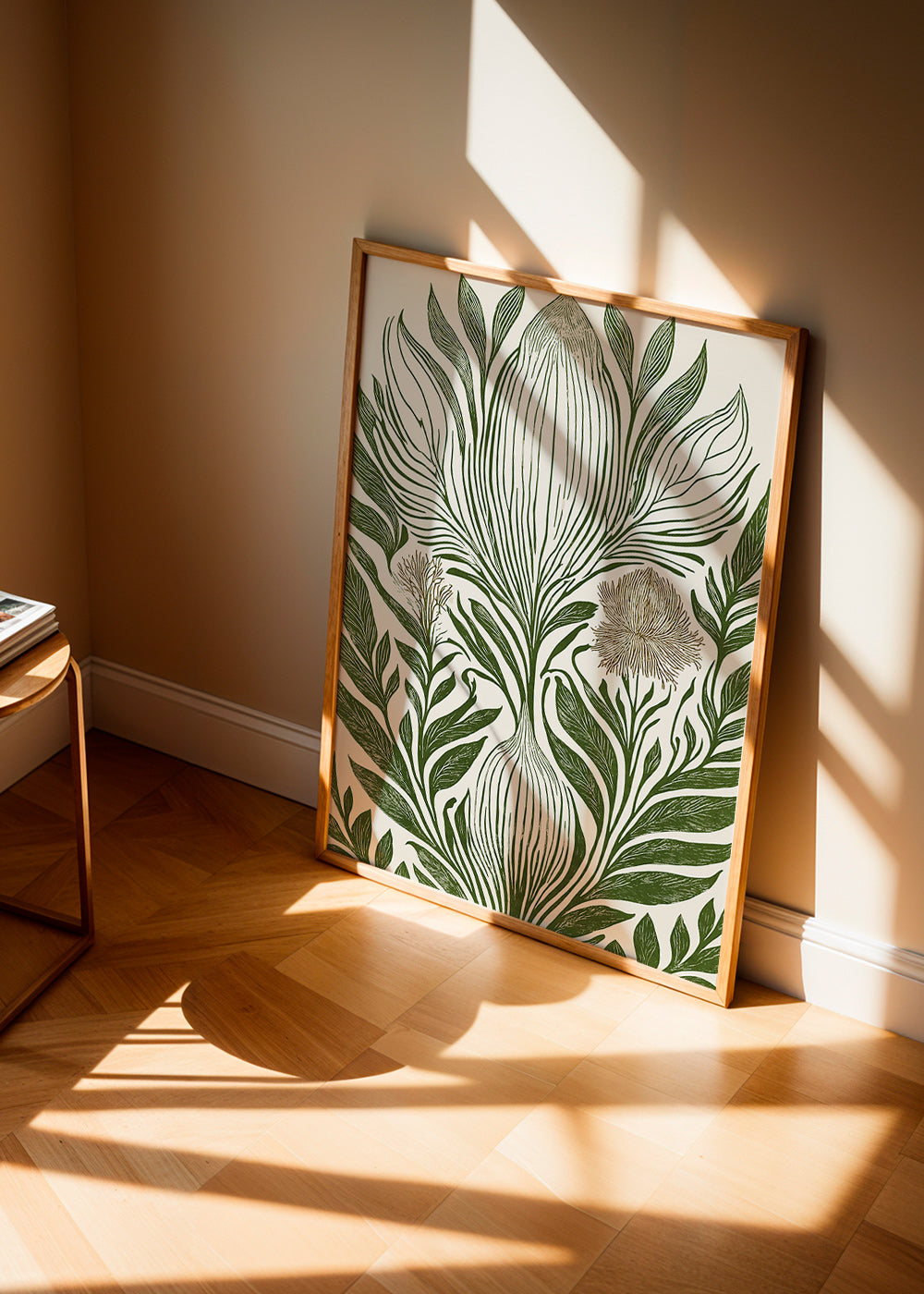 Lámina botánica con hojas verdes y trazo lineal – Product1