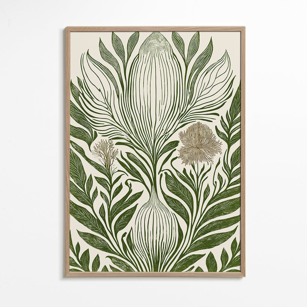 Lámina botánica con hojas verdes y trazo lineal – Oak Frame
