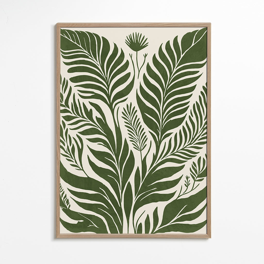 Lámina botánica de hojas verdes sobre fondo beige – Oak Frame