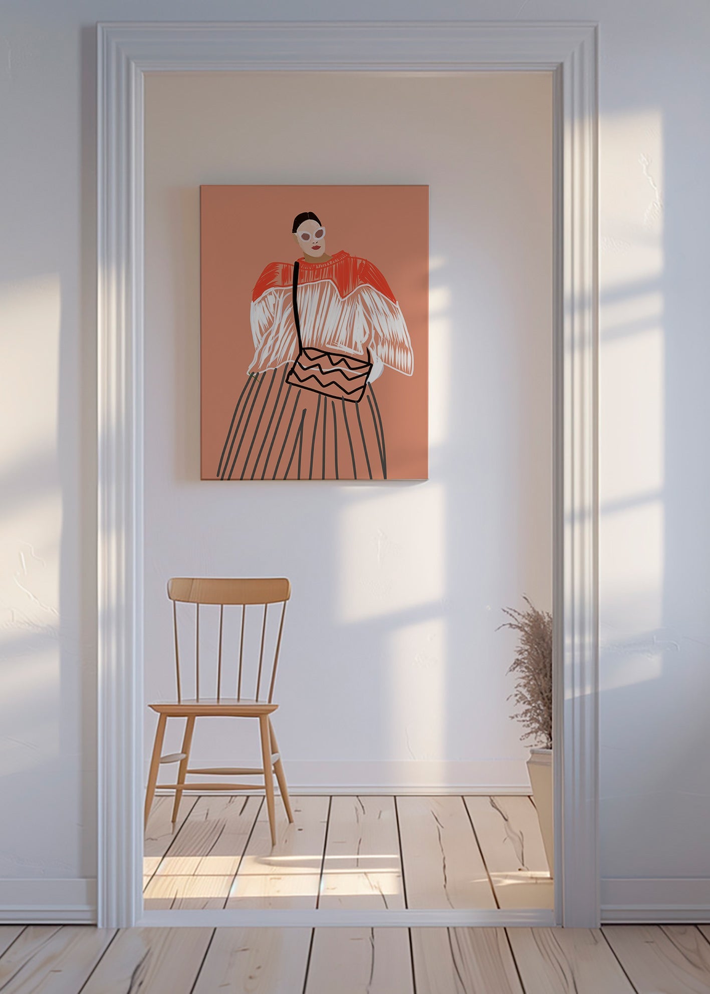 Ilustración de mujer con bolso coral – Canvas