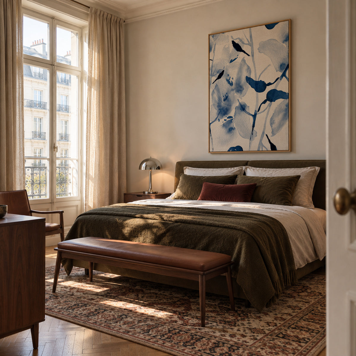 Brushstrokes And Silhouettes Of Birds On Branches - Framed canvas in an interior