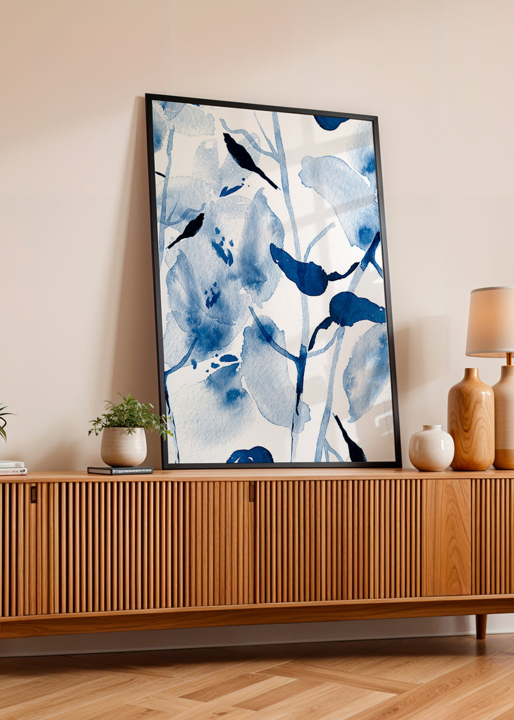 Lámina botánica en acuarela azul con aves – Product3