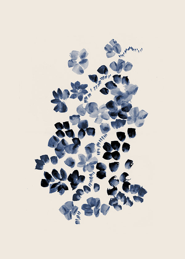 Lámina botánica en azul sobre fondo beige