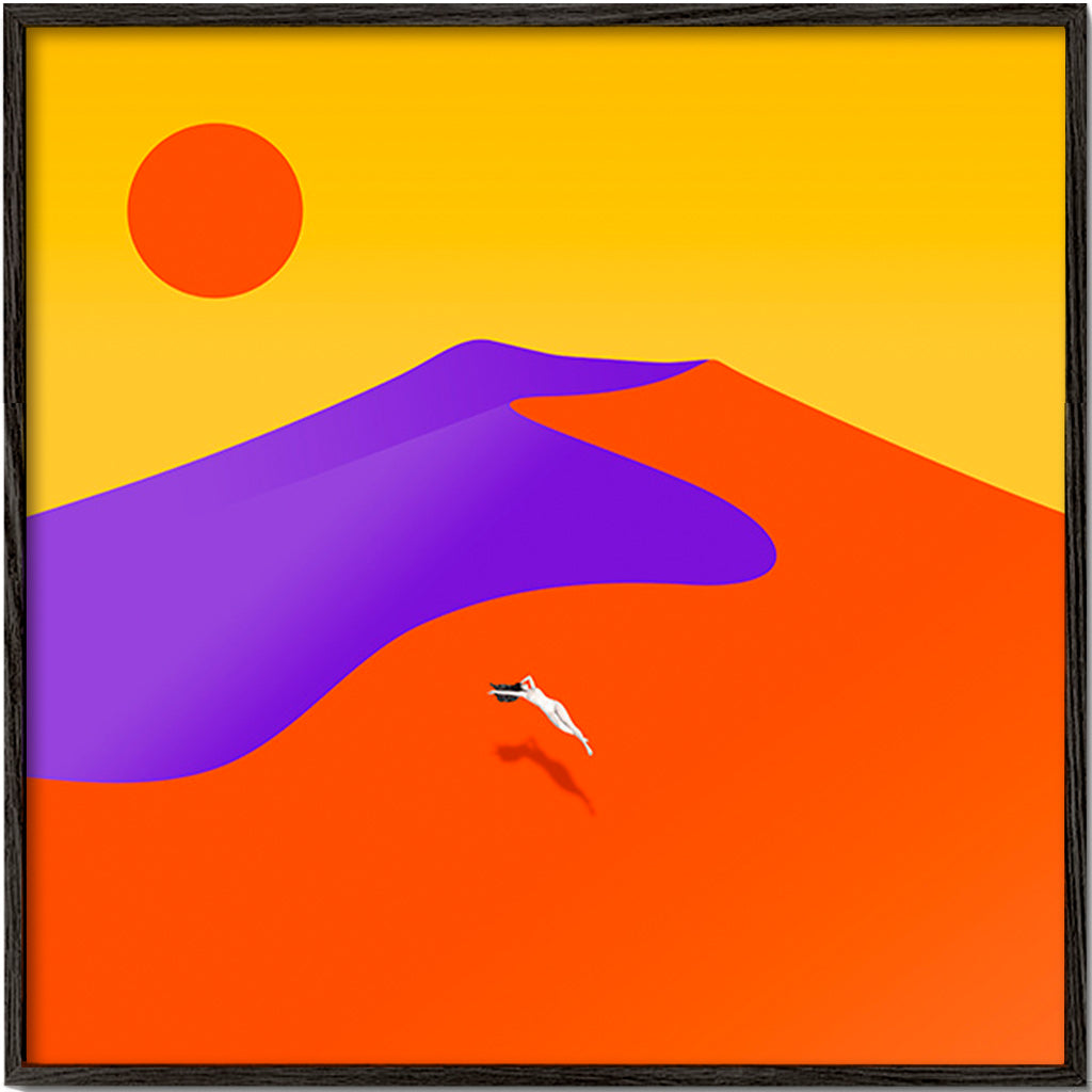 Cuadro abstracto con figura flotante y sol – Black Frame