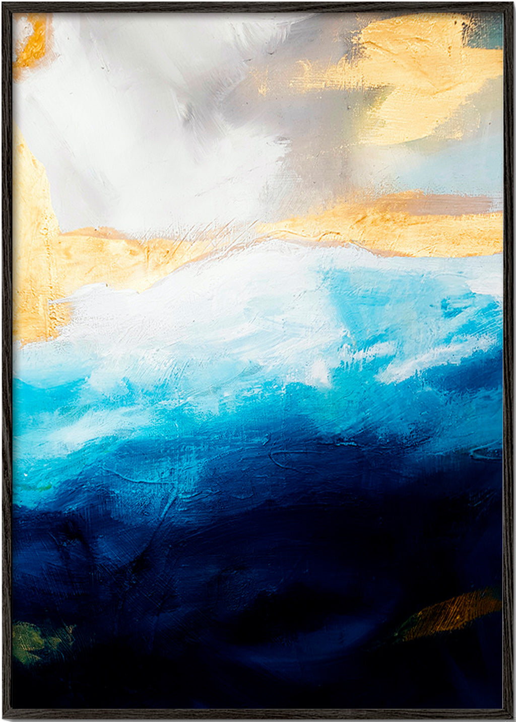 Cuadro abstracto con mar en azul y toques dorados – Black Frame
