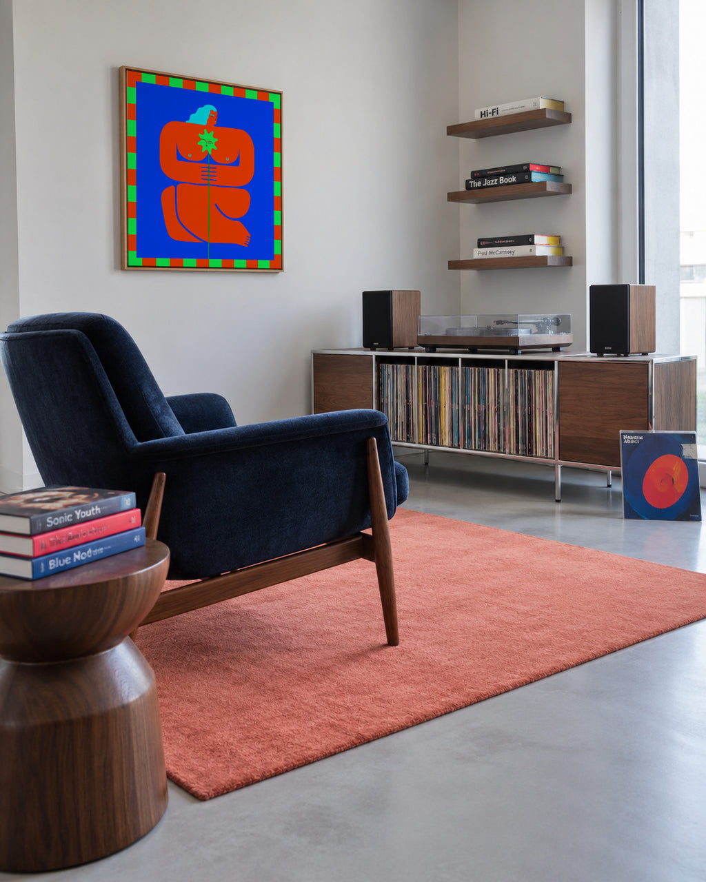 Stylized Human Form with Vibrant Orange and Blue Hues - Framed canvas in an interior