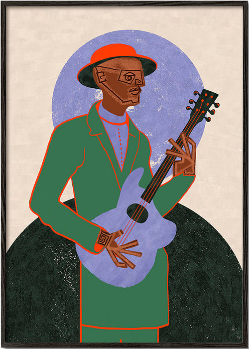 Ilustración músico con guitarra y halo geométrico – Black Frame
