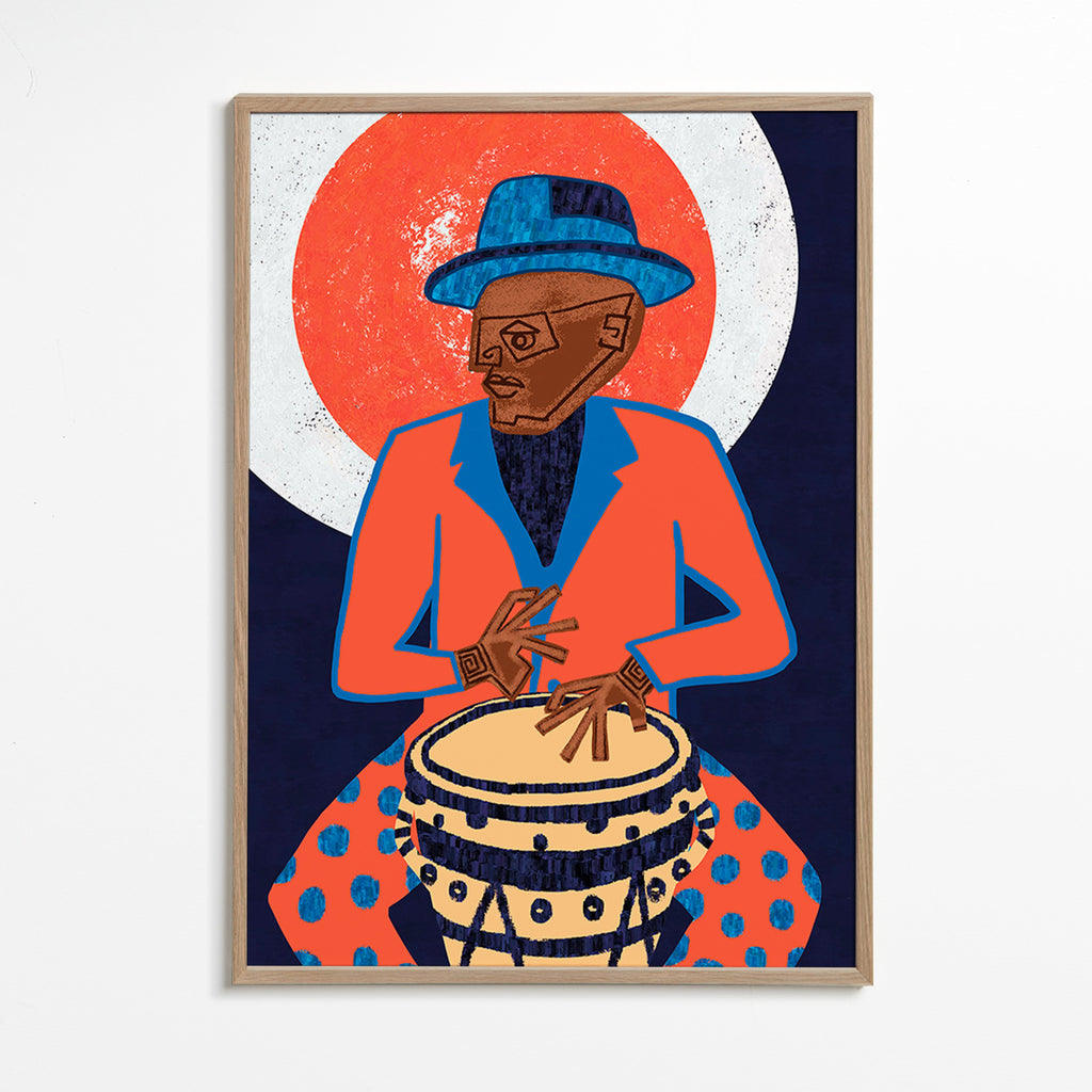 Ilustración músico con tambor en colores vivos – Oak Frame