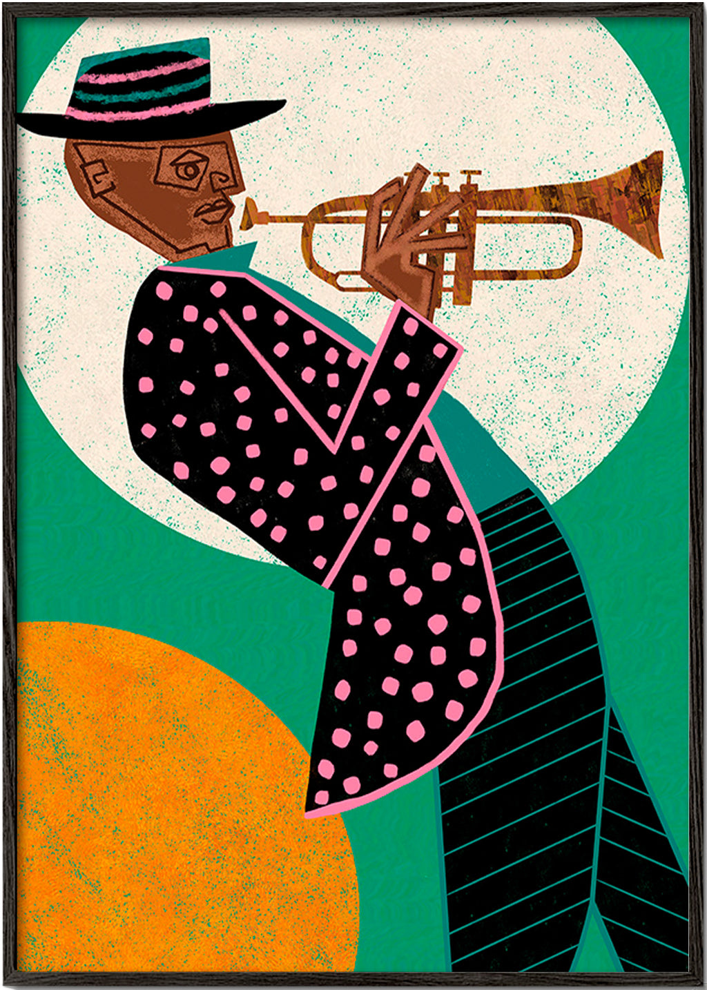 Ilustración músico de trompeta con luna – Black Frame