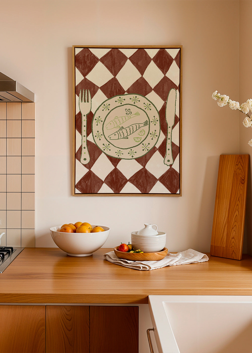 Cuadro de cocina con plato de pescado y mantel de rombos – Canvas1