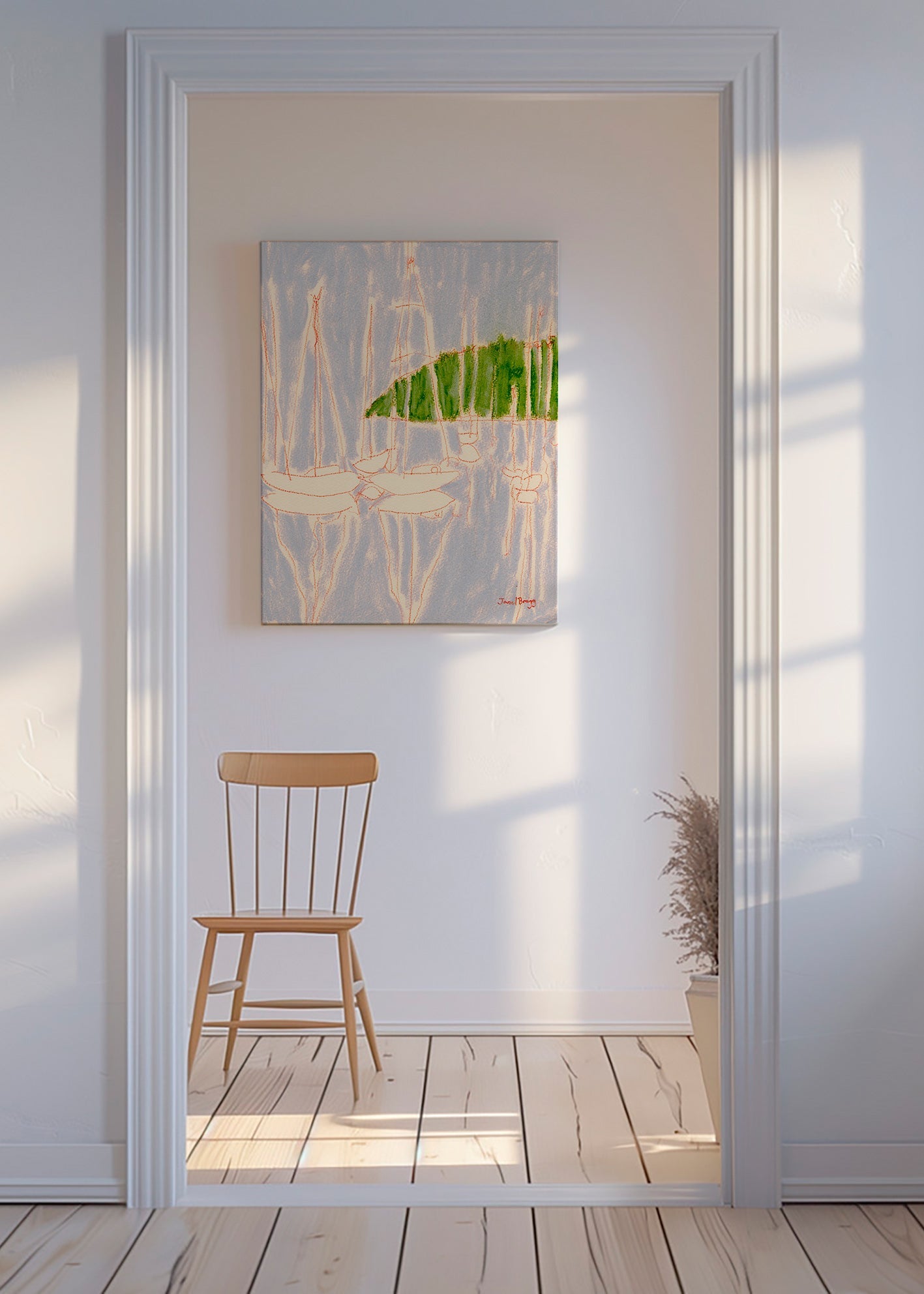 Cuadro de paisaje con veleros y colina verde – Canvas