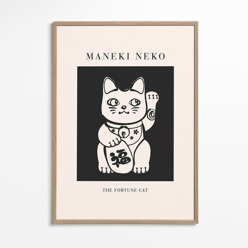 Ilustración Maneki Neko en blanco y negro – Oak Frame
