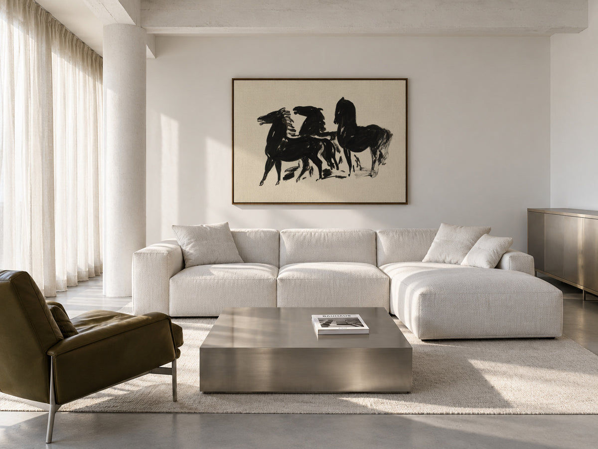 Drie Zwarte Paarden Staand Naar Links Kijkend - Framed canvas in an interior