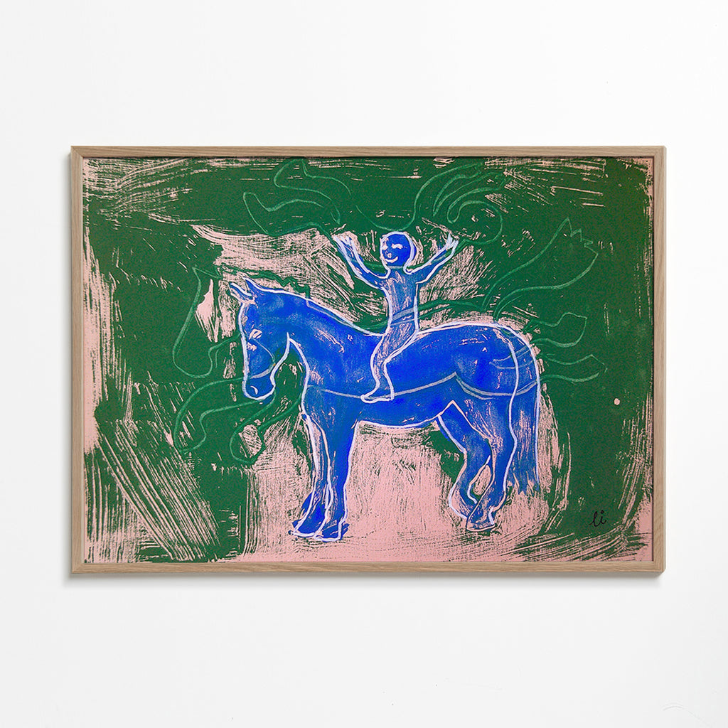 Cuadro caballo azul con jinete en fondo gestual – Oak Frame