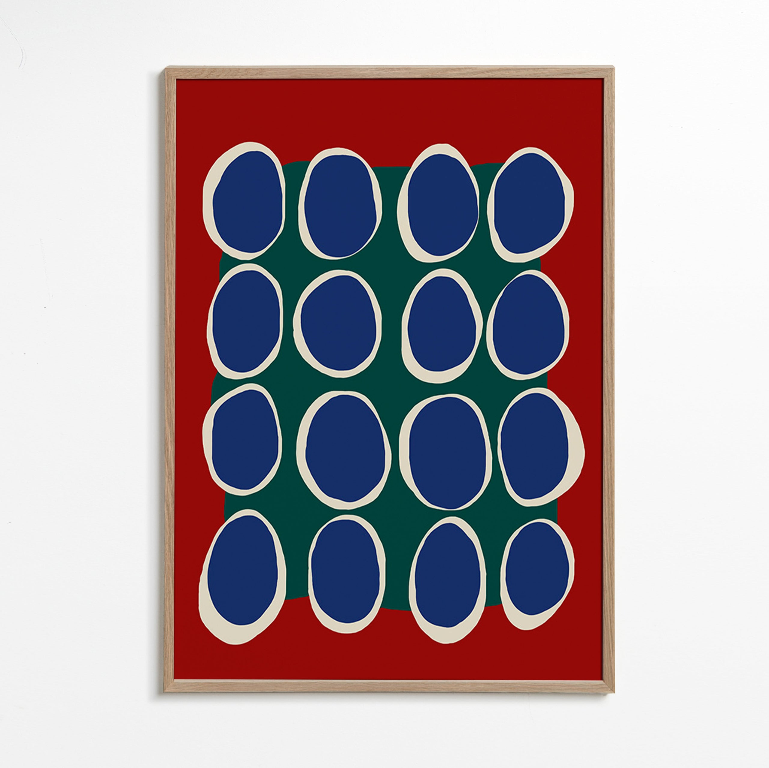 Cuadro geométrico con óvalos azules y bloque verde – Oak Frame