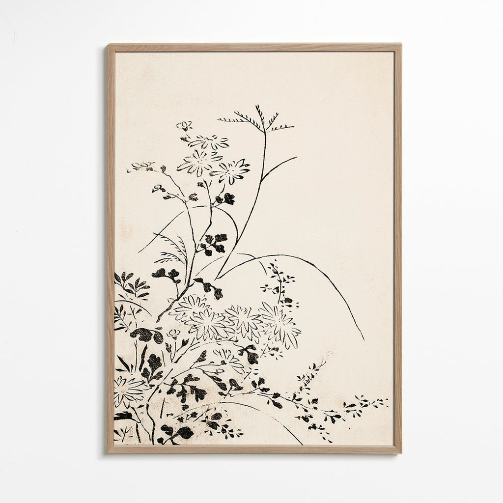 Lámina botánica en tinta japonesa minimalista – Oak Frame