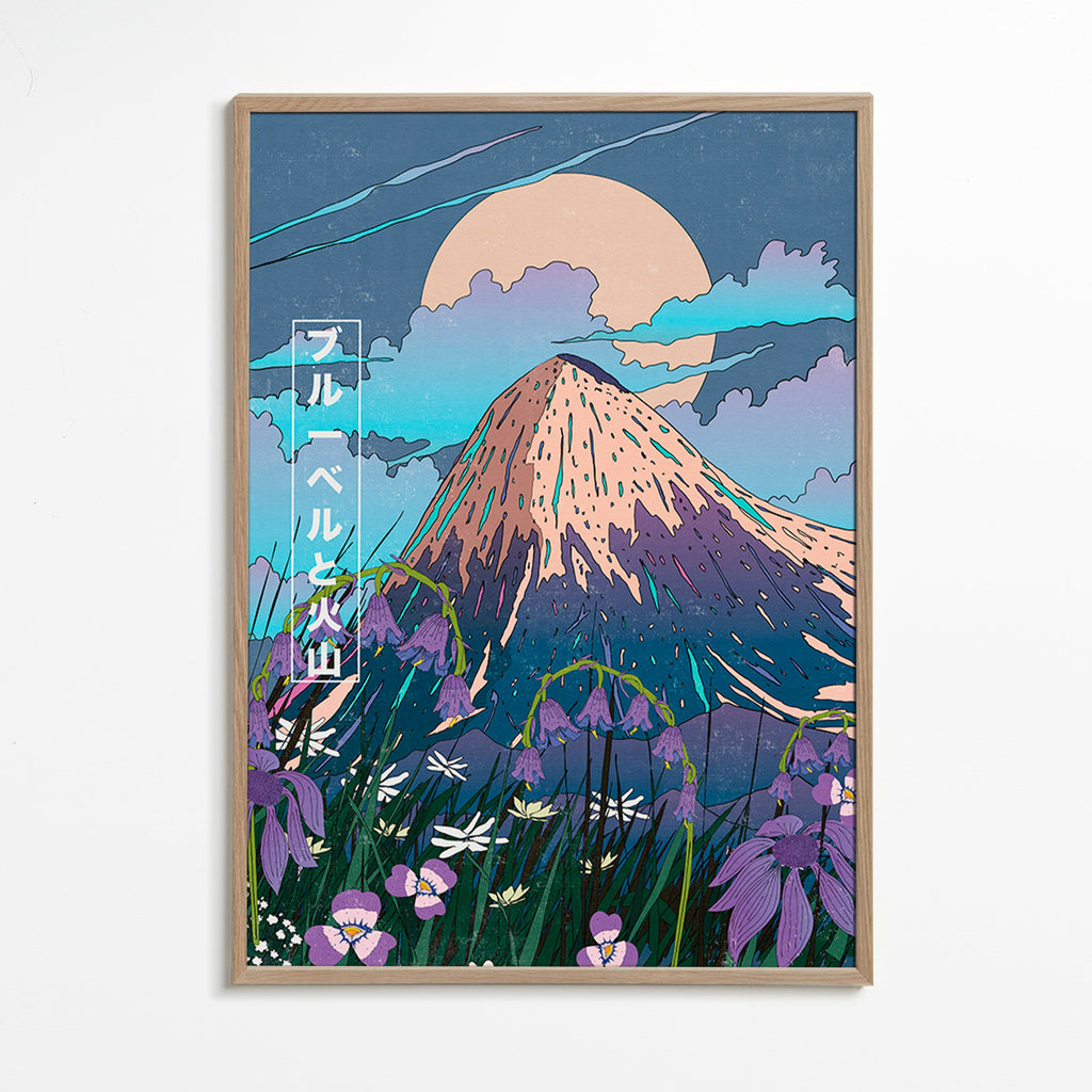 Cuadro de paisaje volcánico con campanillas – Oak Frame