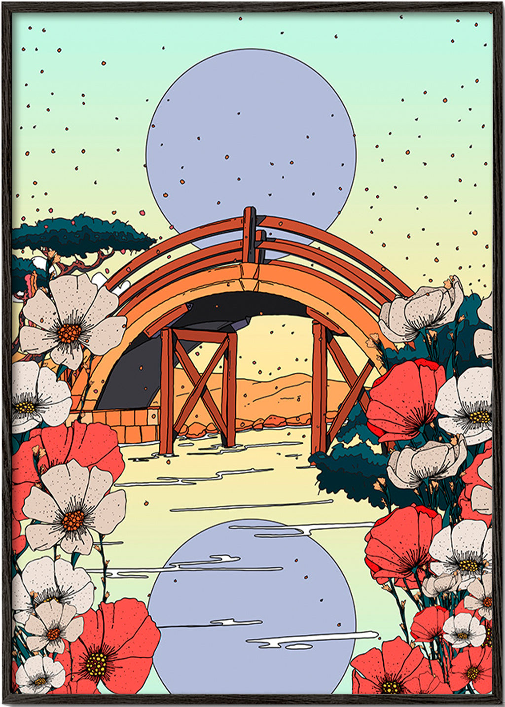 Cuadro de paisaje japonés con puente e hibiscos – Black Frame