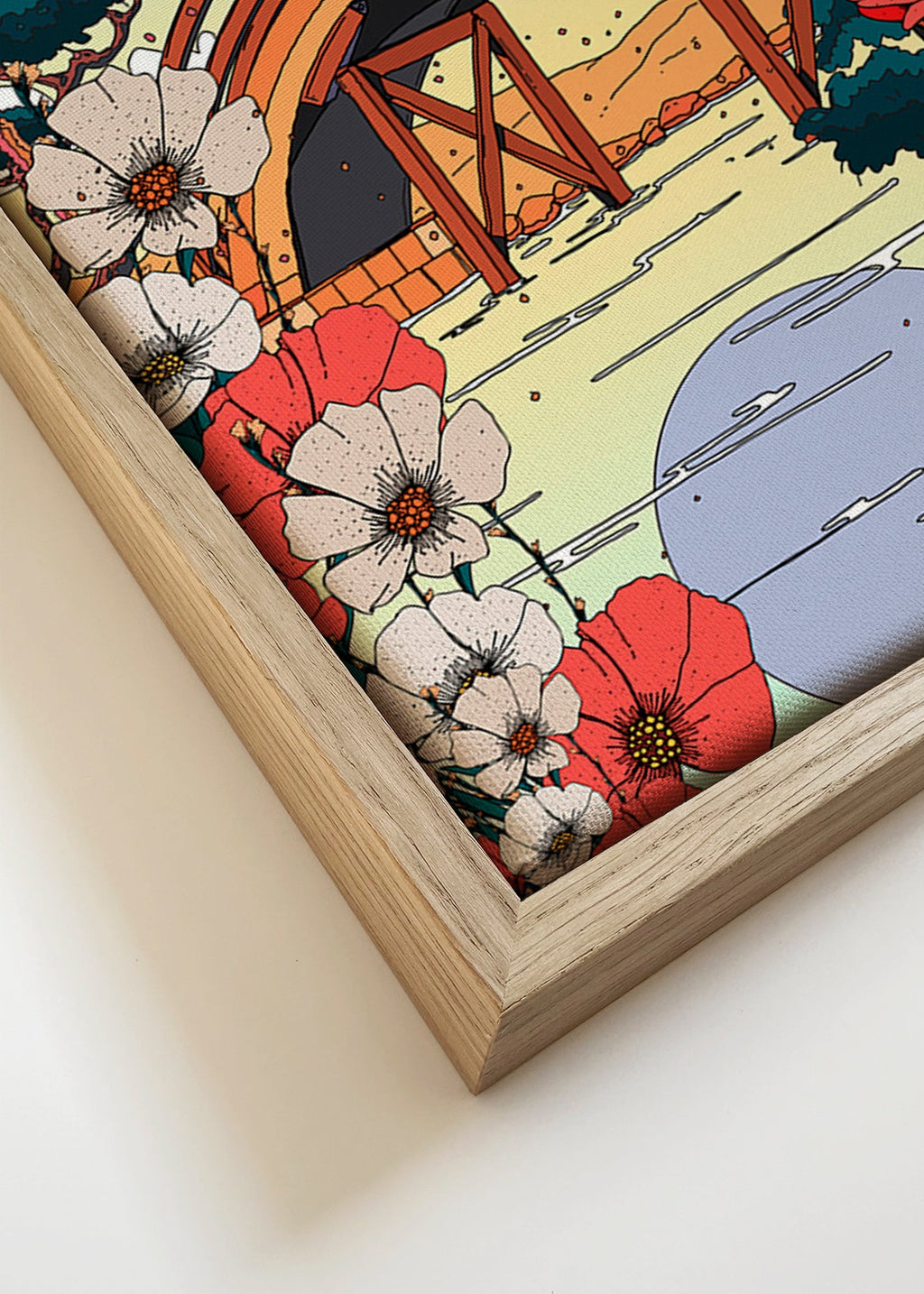 Cuadro de paisaje japonés con puente e hibiscos – Canvas detail