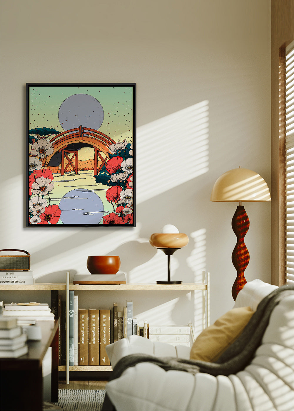 Cuadro de paisaje japonés con puente e hibiscos – Canvas1