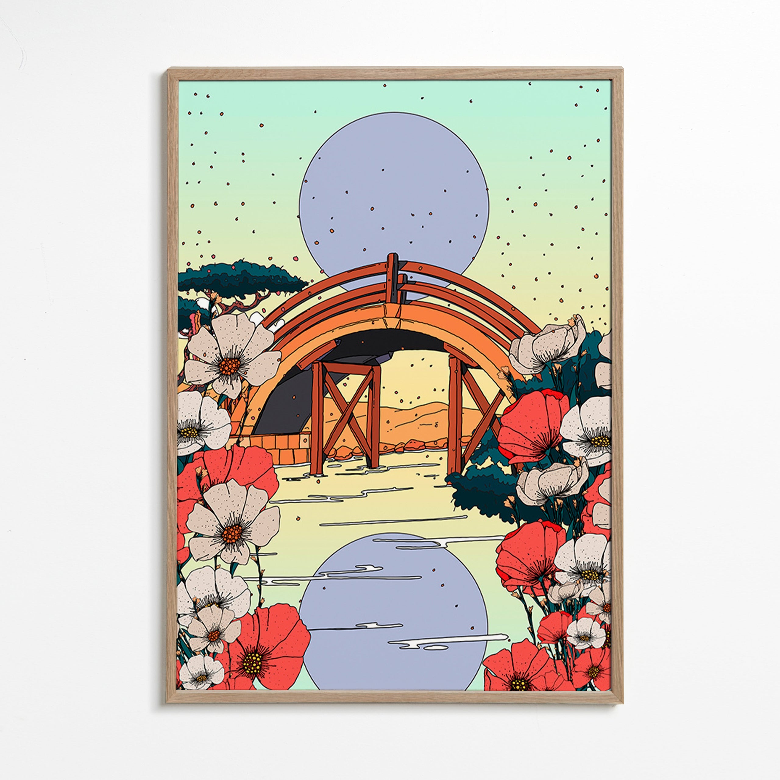 Cuadro de paisaje japonés con puente e hibiscos – Oak Frame