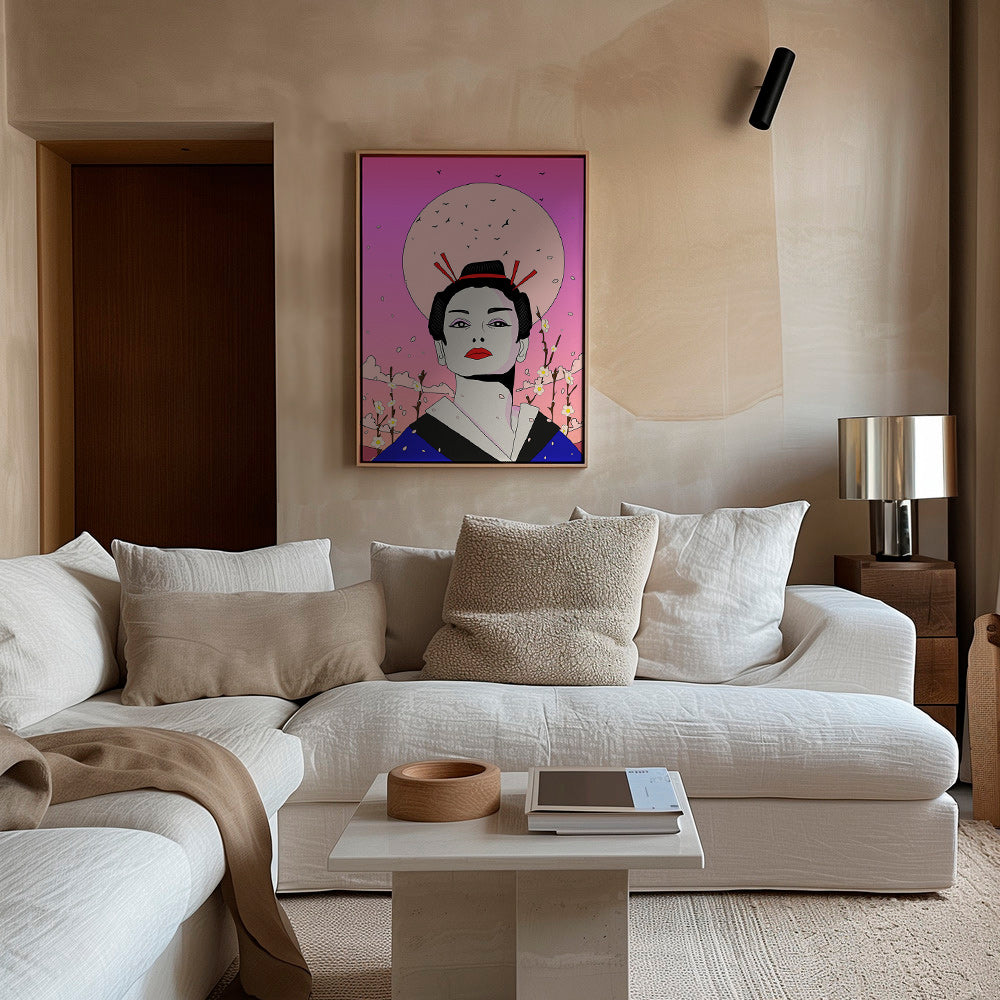 Ilustración de geisha japonesa sobre luna rosa – Canvas1