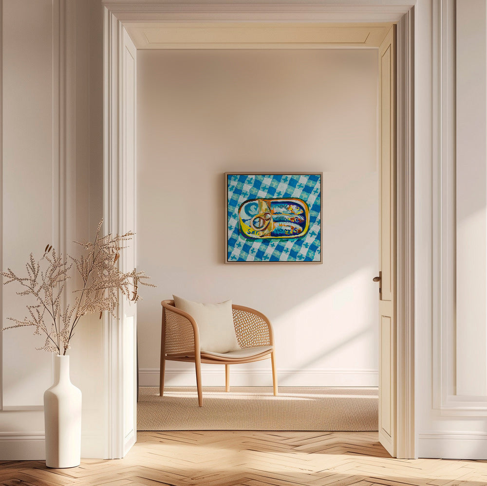 Cuadro de cocina: lata de sardinas sobre mantel a cuadros – Canvas2