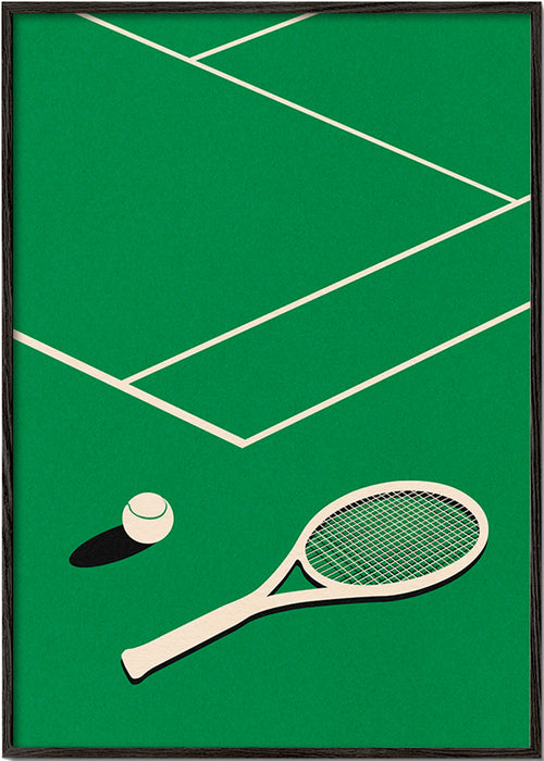 Cuadro deportivo: raqueta y pelota sobre pista minimal – Black Frame
