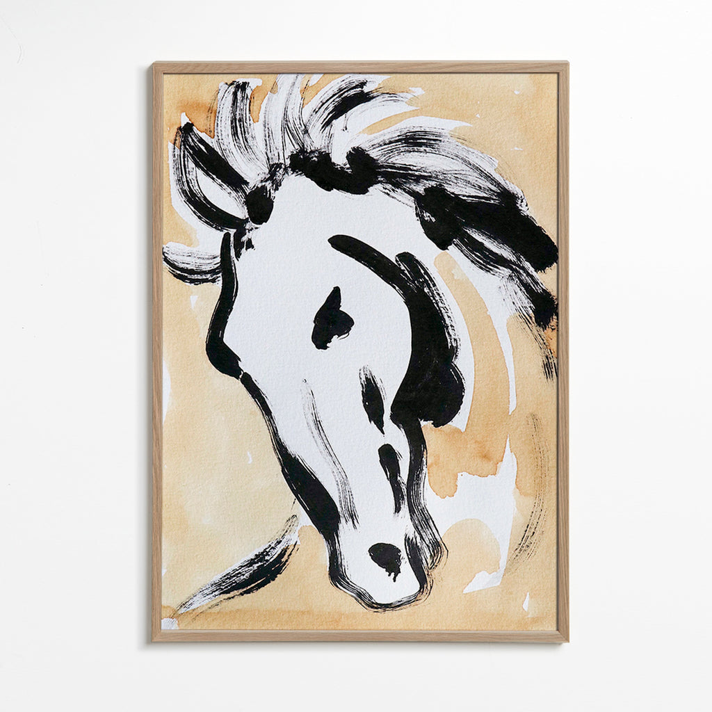 Cuadro de caballo en tinta gestual – Oak Frame