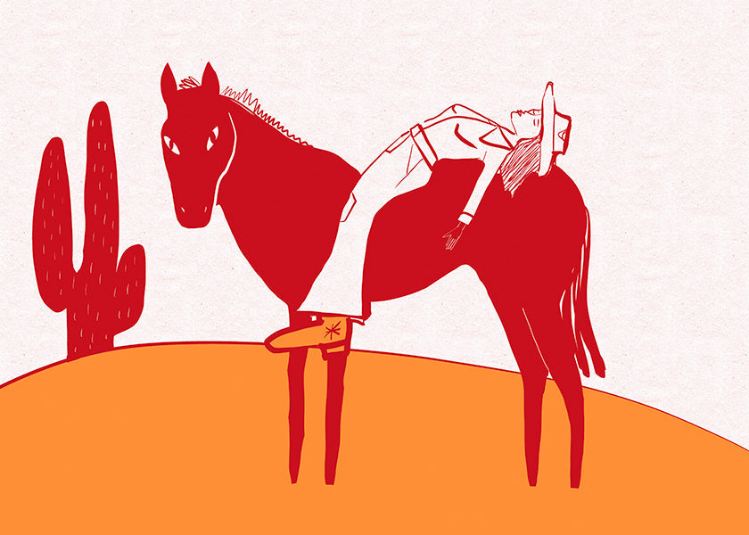 Cuadro cowgirl descansando sobre caballo rojo