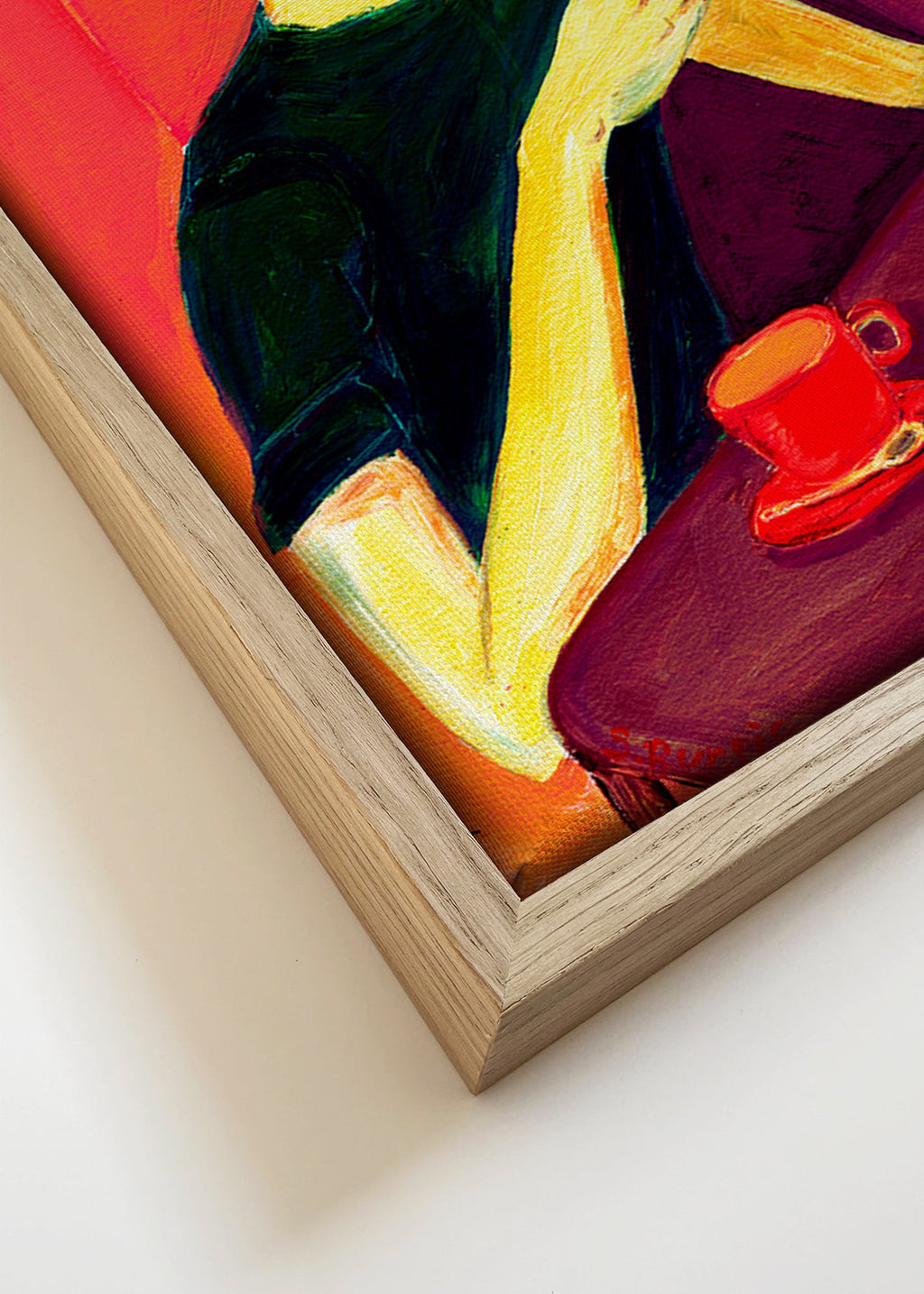 Ilustración de mujer fumando con taza roja – Canvas detail