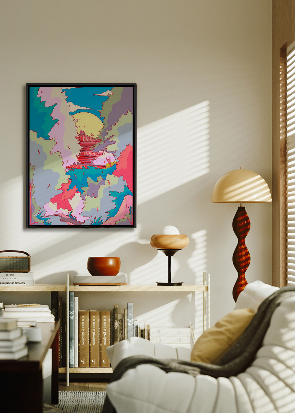 Ilustración de templo japonés en colores vibrantes – Canvas2