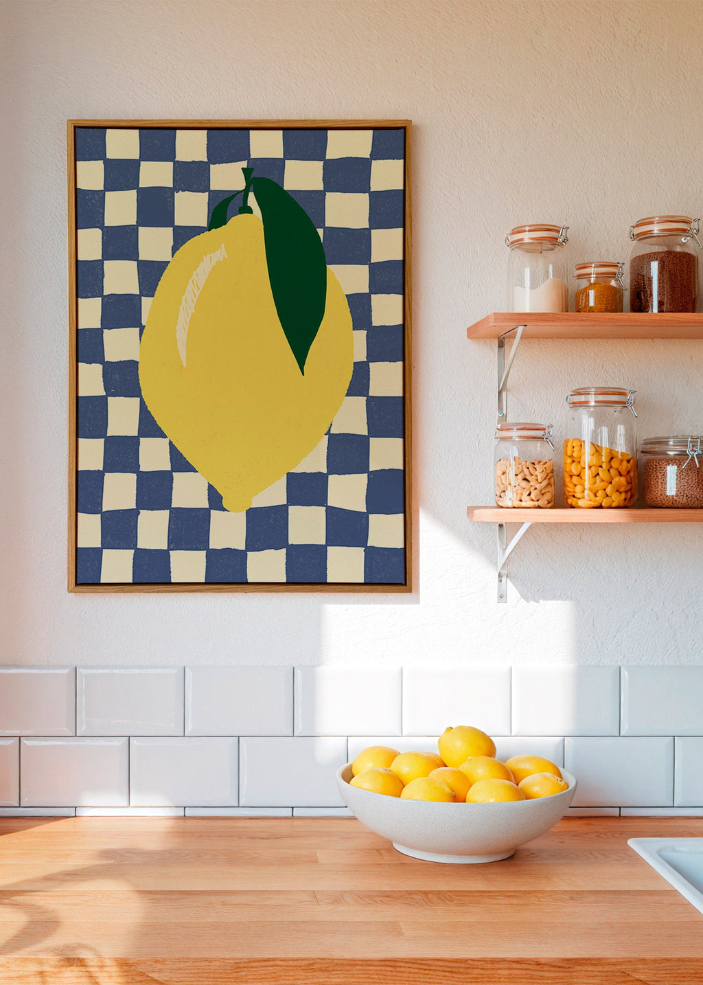 Cuadro de cocina con limón ilustrado y fondo ajedrezado – Canvas2