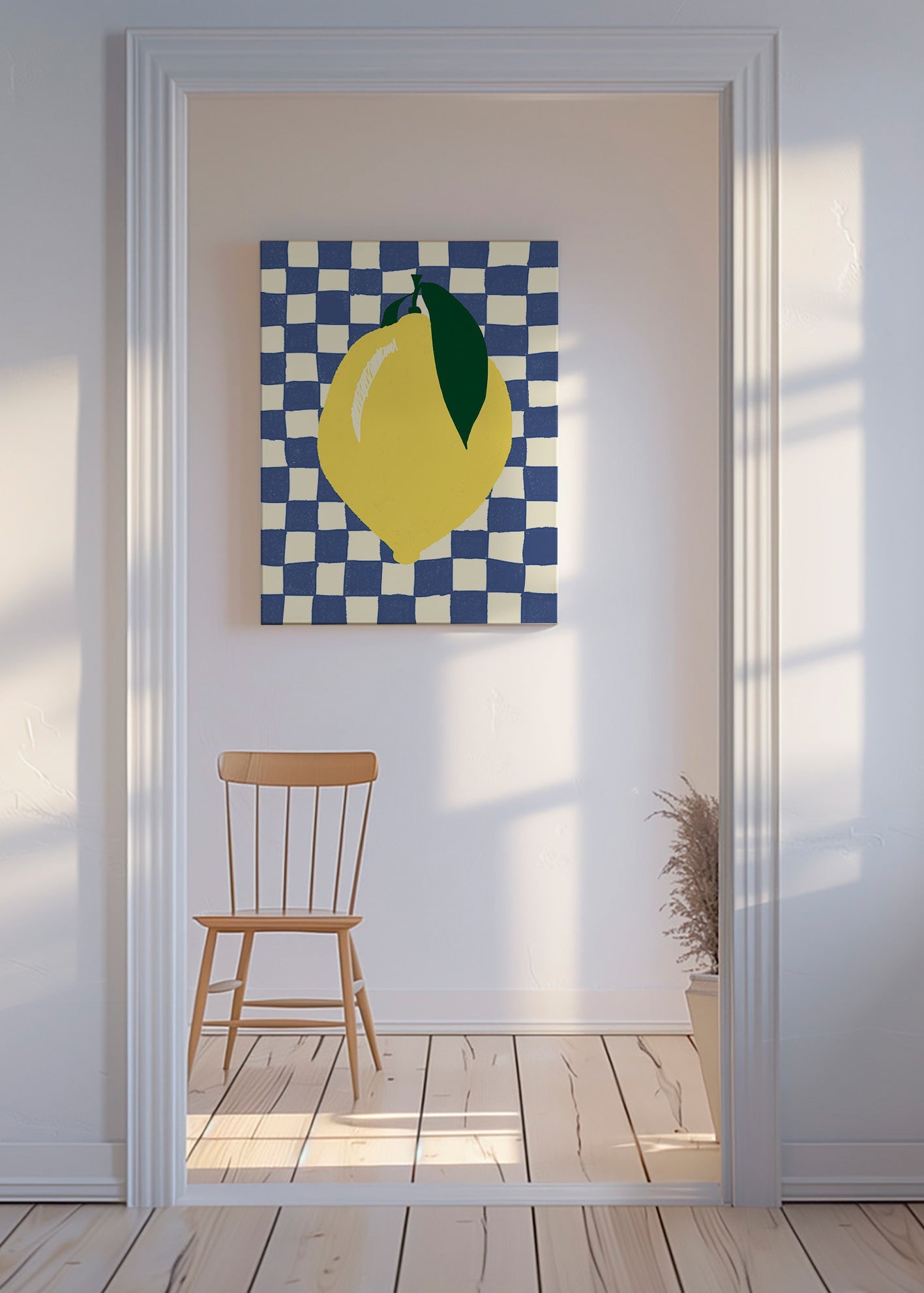 Cuadro de cocina con limón ilustrado y fondo ajedrezado – Canvas