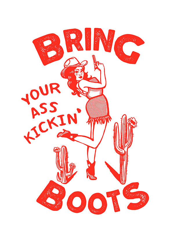 Ilustración con cowgirl divertida y texto tipográfico