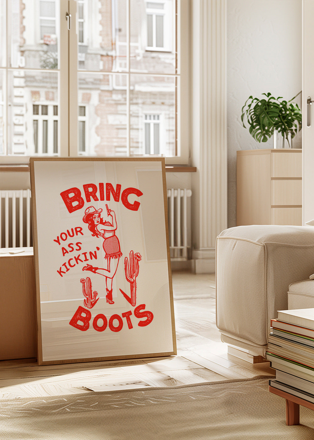 Ilustración con cowgirl divertida y texto tipográfico – Product1