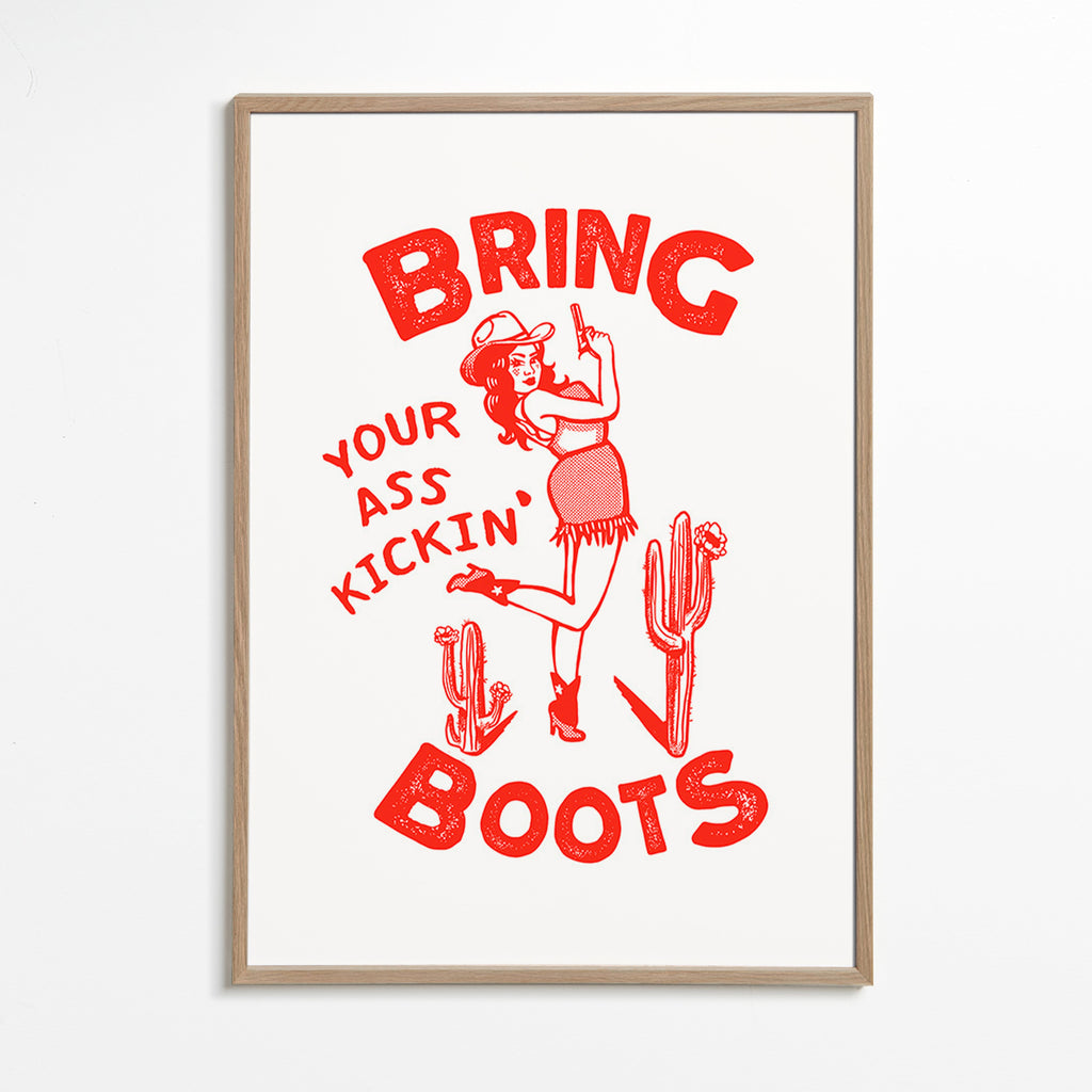 Ilustración con cowgirl divertida y texto tipográfico – Oak Frame