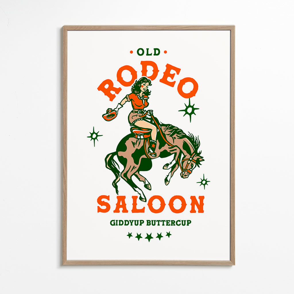 Cuadro vintage: rodeo con vaquera ilustrada – Oak Frame