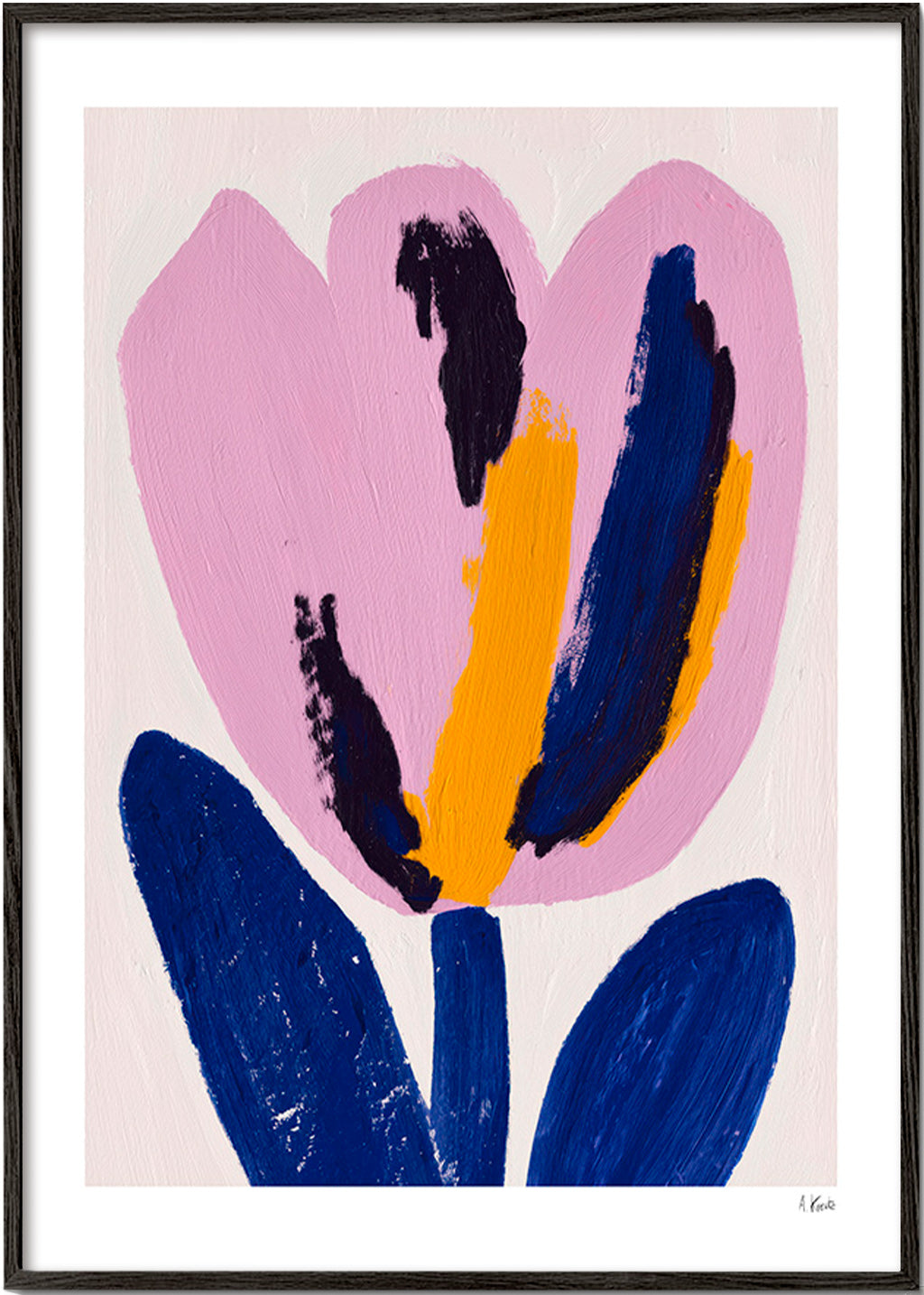 Lámina botánica con flor rosa y trazos azules – Black Frame