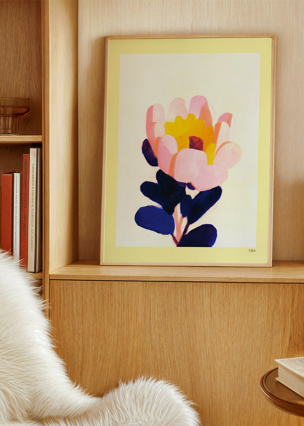 Lámina botánica: flor rosa con hojas azul profundo – Product2