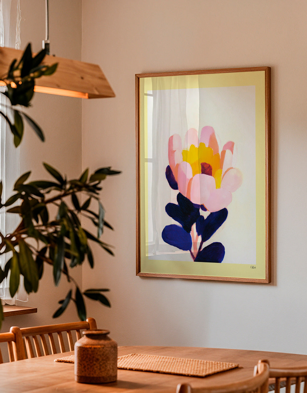 Lámina botánica: flor rosa con hojas azul profundo – Product3