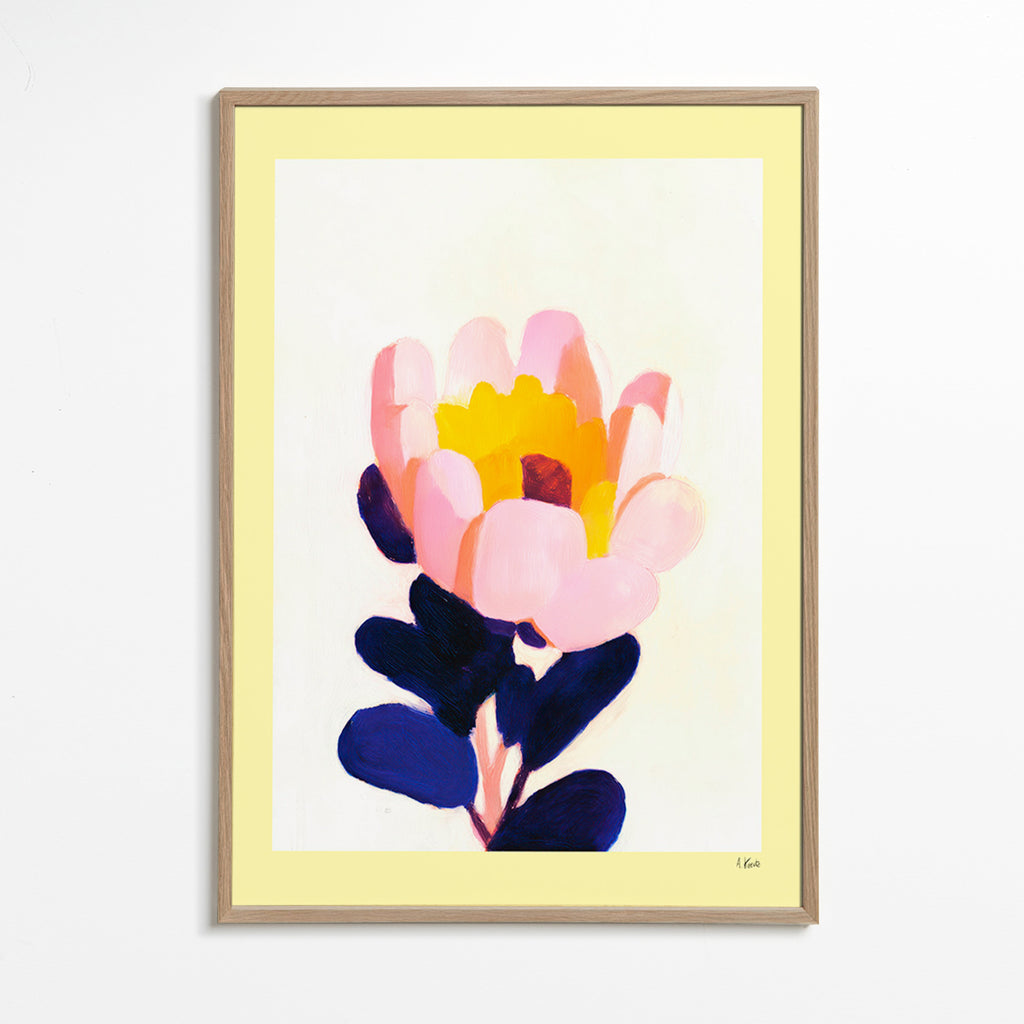 Lámina botánica: flor rosa con hojas azul profundo – Oak Frame