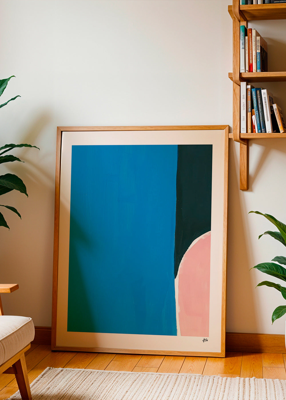 Cuadro abstracto azul con curva rosa – Product2