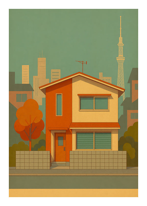 Cuadro de ciudades: casa japonesa ilustrada en paleta retro