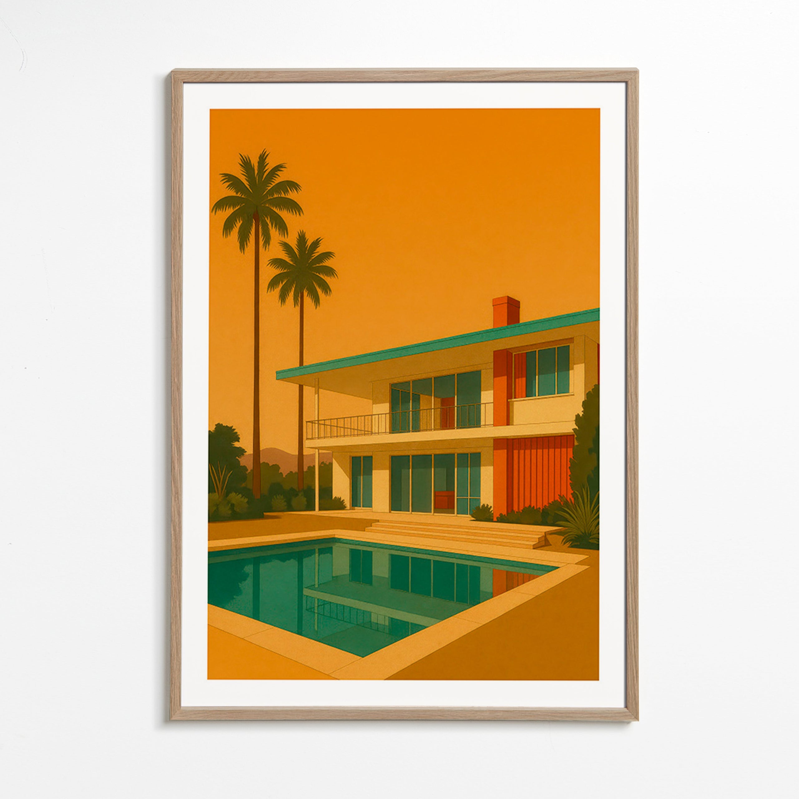 Cuadro villa moderna con piscina en hora dorada – Oak Frame