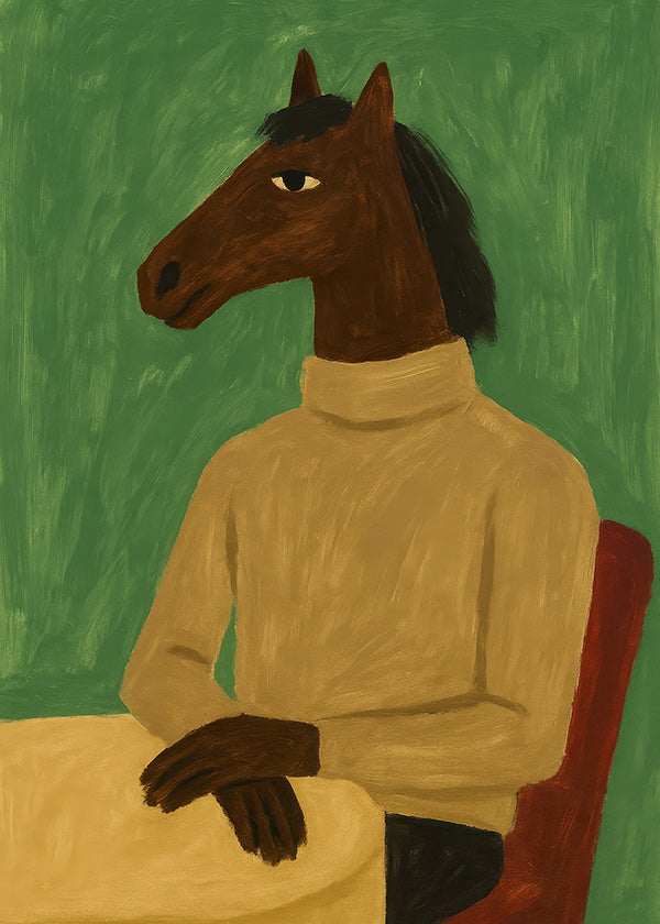 Cuadro caballo en suéter sobre fondo verde